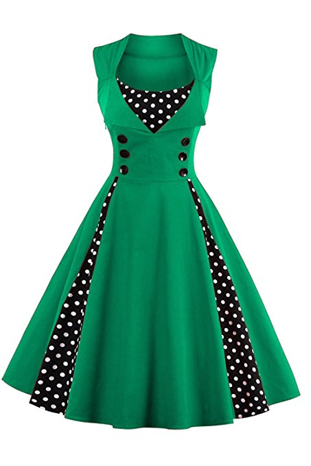 Babyonlinedress Women 50s Vintage Patchwork Polk Dot Sleeveless Rockabilly Swing Casual Dresses Size S~4XL