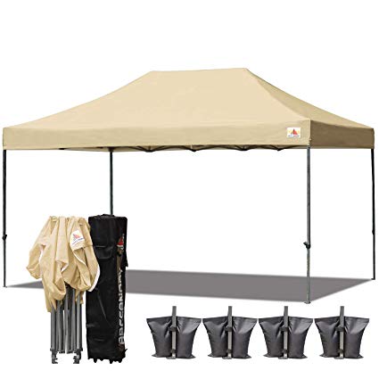 ABCCANOPY 10x15 Pop up Tent Instant Canopy Commercial Outdoor Canopy with Wheeled Carry Bag Bonus 4X Weight Bag (Beige)