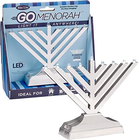 Rite Lite Rambam Style Go Menorah Silvertone Electric Menorah with Blue Lights - Chanukah Menorah Perfect Hanukkah Gift Modern Menorah