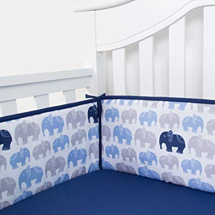 TILLYOU Baby Breathable Crib Bumper Pads for Standard Cribs Machine Washable Padded Crib Liner 100% Silky Soft Microfiber Polyester,4 Piece/Navy Elephant