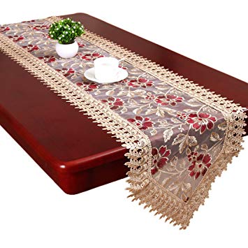 Grelucgo Beige Burgundy Lace Table Runners and Scarves (16 x 120 inch)