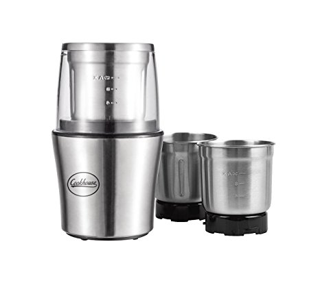 Premium 200 Watt Electric Coffee & Spice Grinder By Cookhouse: Professional Precision Blender For Grinding/Chopping With 2 Removable Stainless Steel Bowls & Wet/Dry Function-Easy Push-Down Operation & Cleaning