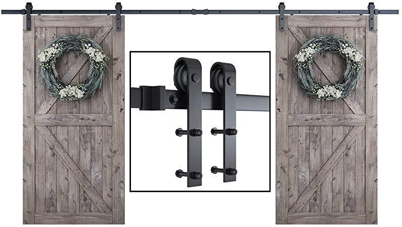 SMARTSTANDARD 12ft Heavy Duty Double Door Sliding Barn Door Hardware Kit - Smoothly and Quietly -Easy to install -Includes Step-By-Step Installation Instruction Fit 36" Wide Door Panel(J Shape Hanger)