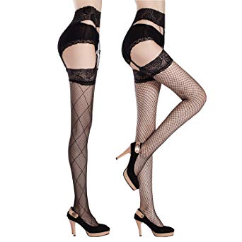 Joulli Women's Fishnet Thigh High Stockings Garter Belt Lace Pantyhose Black (1 Pack)