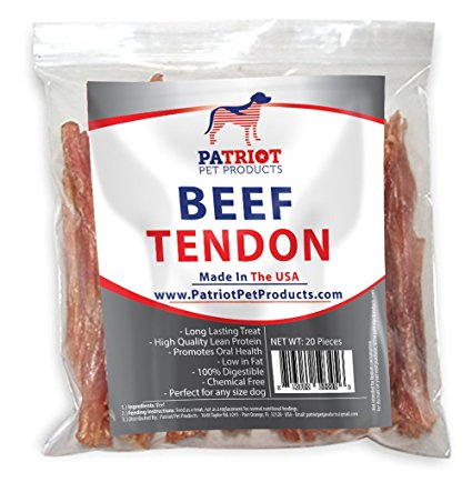Beef Tendons for Dogs Made in USA by Patriot Pet. USDA/FDA approved Beef Tendons Dog Treats are Natural Dog Chews. Dog Beef Tendon 20 Pack Perfect for Puppies of any Size and Breed.