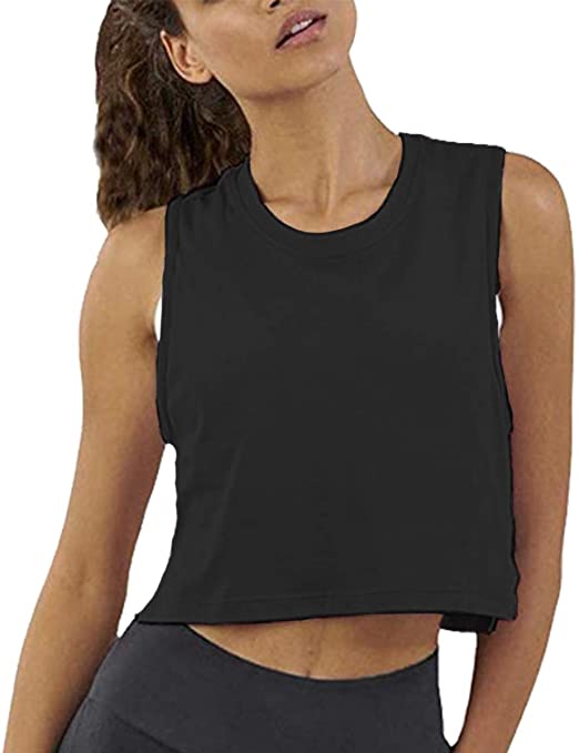 Women Cotton T-Shirt Crop Tank Top Workout Gym Shirt Round Neck Summer.JNINTH