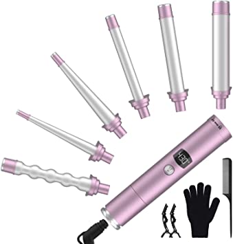 Hair Curling Iron, 6 in 1 Curling Wand Set Instant Heat Up Hair Curler with 6 Interchangeable Ceramic Barrels (0.35-1.25 Inch) for Styling All Hair Types, Dual Voltage Detachable Power Cord (Purple)