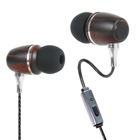 KINDEN Premium Genuine Ebony Wood Earbuds Style Earphones In-ear Noise-isolating Headphones with Metal Mic PU Cord (Black)