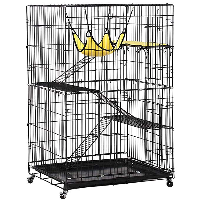 Yaheetech 4 Tier Cat Cage Large Rolling Kitten Ferret Cage - Metal Pet Playpen w/ 3 Ramp Ladders/2 Doors/Hammock Indoor Outdoor 32L x 22W x 48H Black