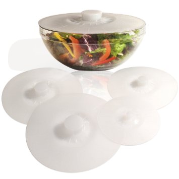 White Silicone Bowl Lids, Set of 5 Reusable Suction Seal Covers for Bowls, Pots, Cups. Food Safe