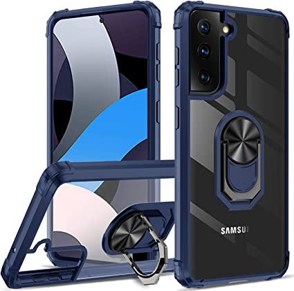 GREATRULY Kickstand Clear Phone Case for Samsung Galaxy S21 FE,Drop Protection Slim Shell Cover for Galaxy S21 FE 5G,Flexible Bumper   Hard Back   Ring Stand Fit Magnetic Car Mount,Blue