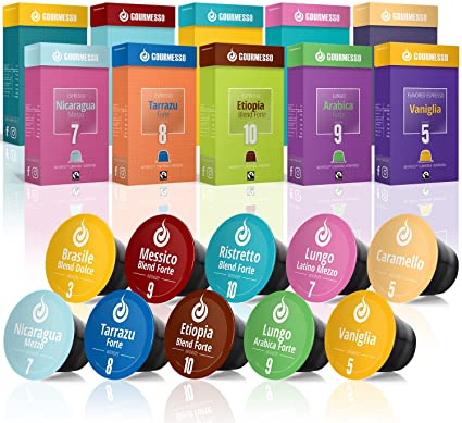 100 Nespresso Compatible Coffee Capsules - Fair Trade Variety Pack Includes Flavors High-Intensity and Organic Espresso | Sampler Coffee Capsules | Gourmesso Trial Bundle