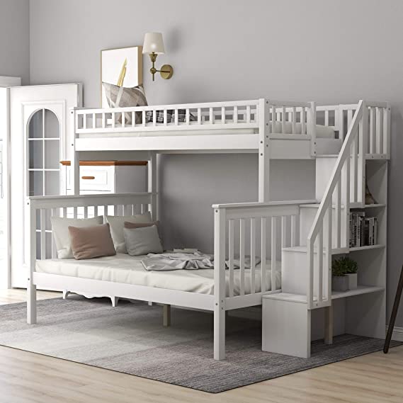 Twin Over Full Bunk Bed Frame for Kids, Mission Style Wood Twin Over Full Size Bed Frame with Stairs and Storage