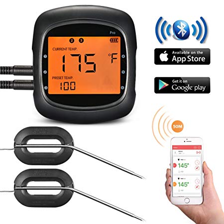 TopElek BBQ Thermometer Instant Read Food Cooking Large Backlit Display, One-Click Bluetooth Connection, 2 Stainless Steel Probes, Digital Meat Grilling, Kitchen, Portable, Black