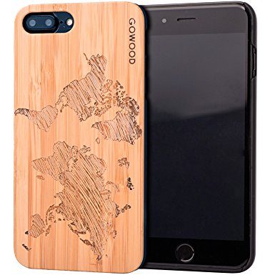 iPhone 7 Plus and 8 Plus Wood Case | Real Natural Bamboo World Map Design Engraved on Backside and Durable Hard Polycarbonate Shockproof Bumper with Shock Absorbing Rubber Coating