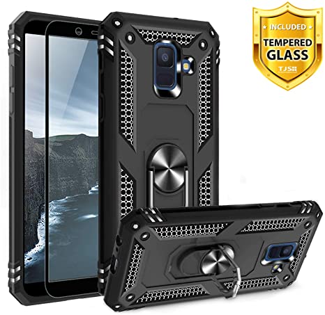 TJS Phone Case Compatible for Samsung Galaxy A6, with [Tempered Glass Screen Protector][Impact Resistant][Defender][Metal Ring][Magnetic Support] Heavy Duty Armor Drop Protector Cover (Black)