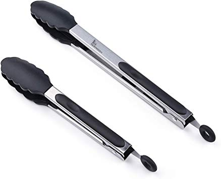 Cooking Tongs with BPA Free Non Stick Silicone Tips for Indoor/Outdoor,2 Pack 9"and 12",Black(100% GUARANTEE)