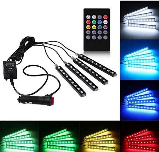 Glory Car LED Strip Lights 4pcs 36 LEDs Multicolor Music Car Interior Lights Under Dash Lighting Waterproof Kit with Sound Active Function and Wireless Remote Control, Car Charger Included, DC 12V