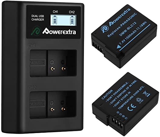 Powerextra 2 Pack Replacement Panasonic DMW-BLC12 Battery and Smart Dual USB Charger with LCD Display for Panasonic Lumix DMC-FZ200, DMC-FZ1000, DMC-G5, DMC-G6, DMC-G7, DMC-GX8, DMC-G85, DMC-GH2