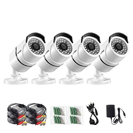 ZOSI 4 Pack 3.6mm lens 1000TVL 960H High Resolution CMOS 36pcs IR LEDs Night Vision 100ft(30m) Waterproof Outdoor Bullet CCTV Camera Surveillance For Security System (white metal housing)