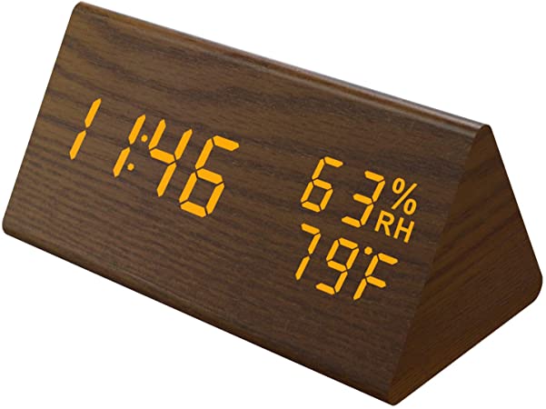 MICARSKY Digital Alarm Clock for Bedrooms, Wooden Led Clock with 3 Alarms Setting, 3 Levels Brightness, Dual Power, Dual Time (12/24), Voice Control, Temperature and Humidity Displaying(Brown)
