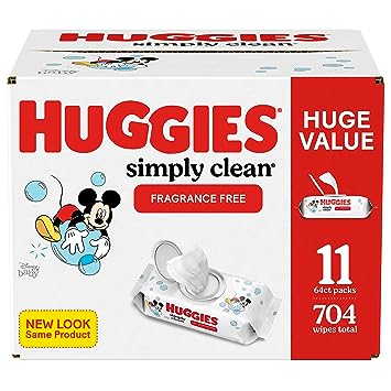 HUGGIES Simply Clean Baby Wipes Flip Lid Packs 704 Wipes Total, White, Unscented, 11 Count