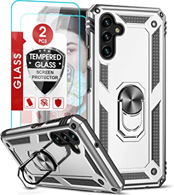 LeYi Case for Galaxy A13 5G, Samsung A13 5G Case with [2 Pack] Tempered Glass Screen Protector for Boys, Military-Grade Protective Phone Case Cover with Magnetic Ring Stand for Samsung A13 5G, Silver