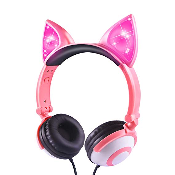 Esonstyle Kids Headphones Over Ear with LED Glowing Cat Ears,Safe Wired Kids Headsets 85dB Volume Limited, Food Grade Silicone, 3.5mm Aux Jack, Cat-Inspired Pink Headphones for Girls (Peach)
