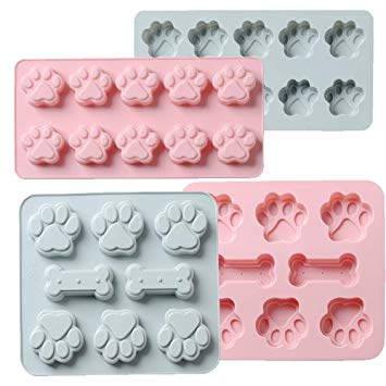 WARMWIND Silicone Dog Molds, Food Grade Chocolate, Candy, Biscuit Molds, Puppy Bone Paw Molds, Healthy Dog Treats, Reusable Ice Cube Trays, Dishwasher Safe(Set of 4)