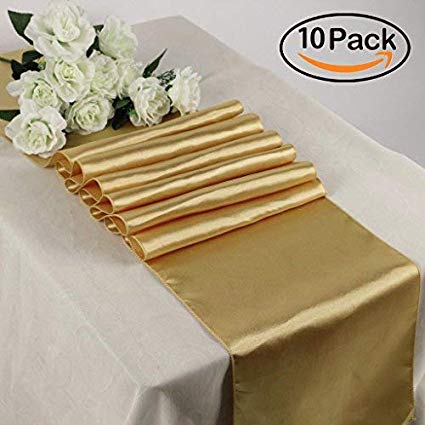 TRLYC 12x108 Inch (30x275cm) Luxury Shiny Gold Satin Table Top Runners (Pack of 10)