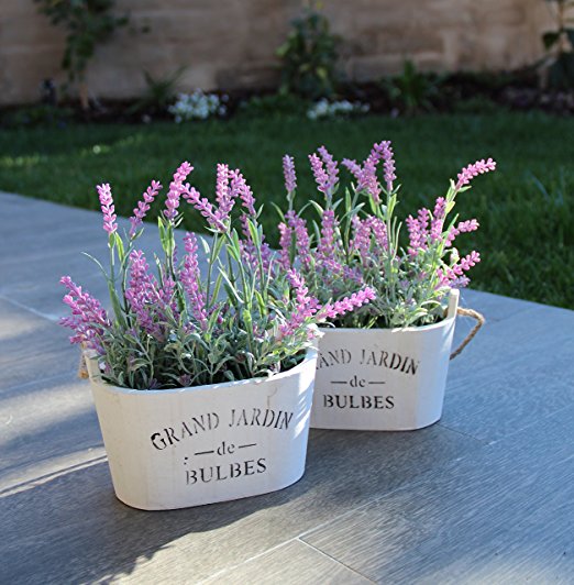 Purple Silk Floral Arrangements Faux Lavender Flower Plant Home Office Décor 2 Pc Set - with White Vases