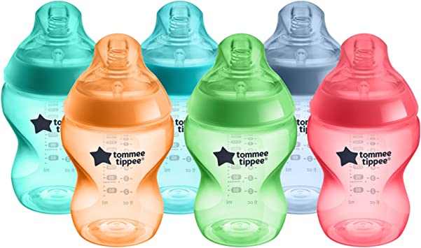 Tommee Tippee Closer to Nature Baby Bottles, Slow-Flow Breast-Like Teat with Anti-Colic Valve, 260ml, Pack of 6, Fiesta Multicoloured