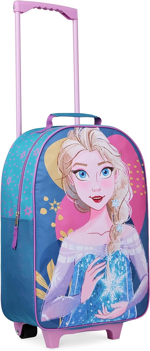 Disney Foldable Suitcase for Girls with Wheels, Trolley Hand Luggage Bag - Minnie Mouse Carry On Travel Bag for Kids (Blue Elsa)