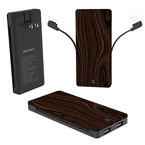 Heloideo Slim Dual USB Ports Power Bank with Built-in AC Adapter, Built-in Micro USB Cable for Samsung Galaxy and more Micro USB Input Devices, Work With iPhone Via USB Ports(Wood texture pattern)
