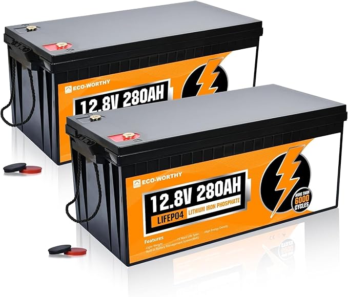 ECO-WORTHY 12V 280Ah 2Pack LiFePO4 Lithium Battery, 6000  Deep Cycles Lithium Iron Phosphate, 7168Wh Energy, Support in Series/Parallel, for RV, Off-Grid, Solar Power System, Home Backup, UPS, Marine