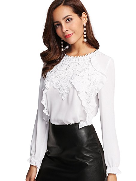 Romwe Women's Elegant Long Sleeve Applique Keyhole Ruffle Blouse Tops