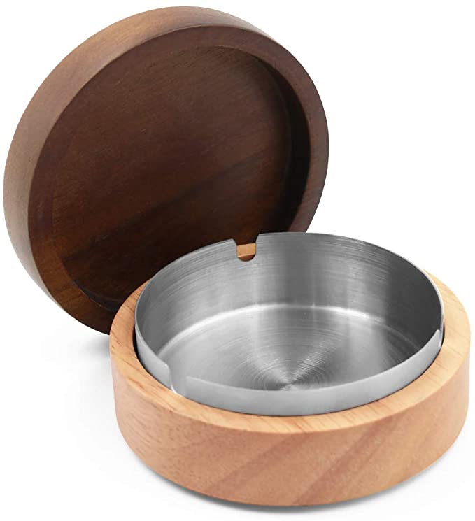Cosaving Ashtray with Lid Home Ashtrays for Cigarettes Ash Tray Windproof Ashtray with Lid Smell Proof Ashtrays for Cigarettes Outdoor- Wooden Ash Holder Stainless Steel with 3 Slot