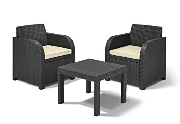 Allibert by Keter Atlanta 2 Seater Rattan Balcony Bistro Set Outdoor Garden Furniture - Graphite with Cream Cushions