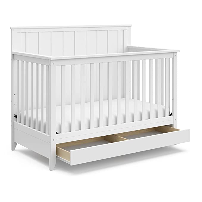 Storkcraft Forrest 5-in-1 Convertible Crib with Drawer (White) – GREENGUARD Gold Certified, Crib with Drawer Combo, Full-Size Nursery Storage Drawer, Converts to Toddler Bed, Daybed and Full-Size Bed