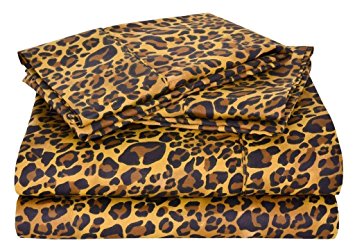 Rajlinen Luxury 600-Thread-Count Sateen Queen Sheet Set 15 Inch Drop Pocket Size , Leopard Print 1 Flat sheet ,1 Fitted Sheet & 2 Pillow case)