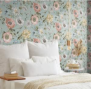 RoomMates RMK12282PL Vintage Poppy Peel and Stick Wallpaper, 20.5 inches Wide x 18 feet, Blue, 30 Sq Ft