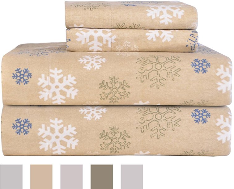 Pointehaven Heavy Weight Printed Flannel Sheet Set, Queen, Snow Flakes Oatmeal