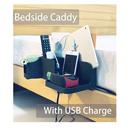 Bedside Caddy Bed Side Storage Organizer Cellphone Tablet Book Remote Glasses Black with Dual USB Charger Support Charging (With USB Charger and Power Cord)