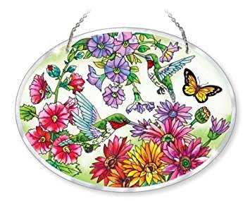 Amia Beveled Glass Large Oval Suncatcher Hand-Painted Hummingbird Design, 9 by 6-1/2-Inch