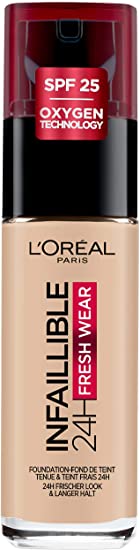 L'Oreal Paris Infallible 24hr Freshwear Liquid Foundation 130 Beige, Hydrating, Weightless Feel, Transfer-Proof and Waterproof, Full Coverage Base, Available in 26 Shades, SPF 25