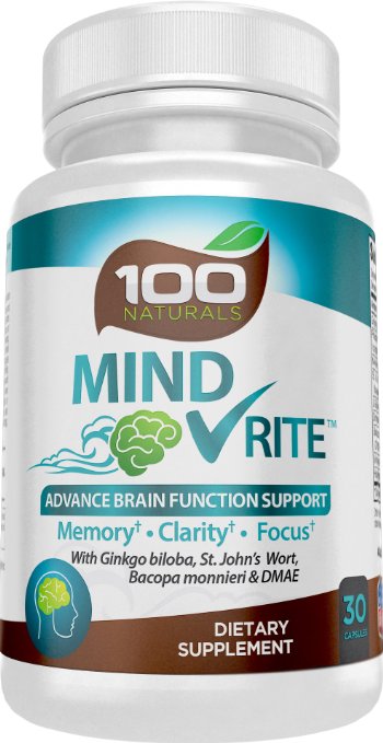 100 Natural Brain Function Support for Memory Focus and Clarity - All-in-One Mental Performance Supplement With Ginkgo Biloba St Johns Wort DMAE L-Glutamine Bacopa and More By 100 NATURALS
