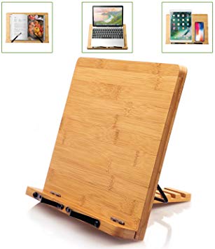 Bamboo Cookbook Stand, Reading Book Stand Holder, Kitchen Desk Cook Bookstand for Recipe, Textbook, Magazine, Musicbooks, Foldable and Portable Sturdy Bookrest with 5 Adjustable Height by Pipishell