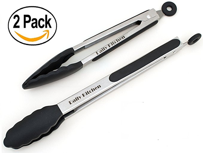 Daily Kitchen Premium Tongs Set - Stainless Steel Tongs for Cooking - Salad Tongs Silicone Tips (Black)