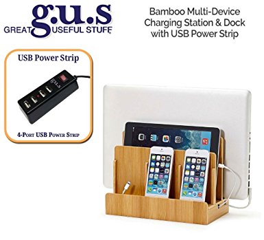 G.U.S. Multi-Device Charging Station Dock & Organizer - Multiple Finishes Available. For Laptops, Tablets, and Phones - Strong Build, Eco-Friendly Bamboo with 4-Port USB Power Strip