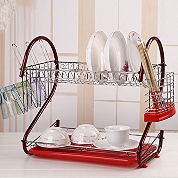 2-Tier Dish Drying Rack, stainless steel Kitchen Sinkware Dish Rack Kitchen Supplies Drying Frame-Quick Dry with Drip Tray with Drainboard [US STOCK](Red)